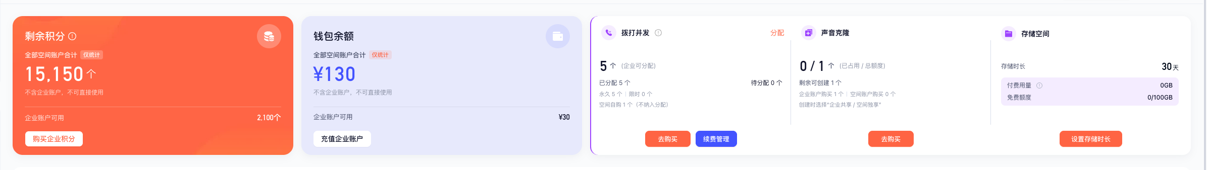 企业后台购买拨打并发与声音克隆截图